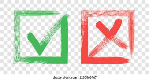 tick and Cross sign elements. vector buttons for vote, election choice, check marks, approval signs design. Red X and green OK symbol icons check boxes. Check list marks, choice options, survey signs.