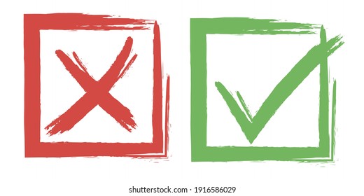 Tick And Cross Sign Elements. Vector Buttons Yes And No Brush Painted. Red X And Green OK Icons Check Boxes. Grunge Check List Marks, Choice Options