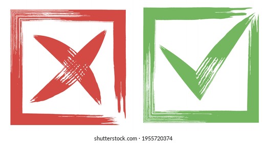 Tick and Cross sign elements. vector buttons for vote, election choice, check marks, approval signs design. Red X and green OK icons check boxes. Check list marks, choice options, survey signs.