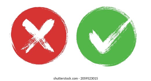 Marcar y cruzar elementos de signo. botones vectoriales para el voto, elección de elección, marcas de verificación, diseño de señales de aprobación. Casillas de verificación de iconos de símbolo rojo X y verde OK. Marcas de lista, opciones de elección, signos de encuesta.