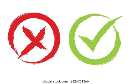 Tick and Cross sign elements, vector butons for vote, check marks, approval sign. Red X and Green OK symbol icons check boxes.