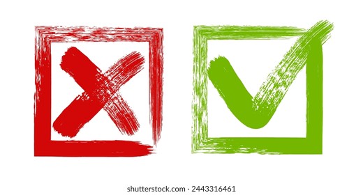 Tick and Cross sign elements. vector buttons for vote, election choice, check marks, approval signs design. Red X and green OK symbol icons check boxes. Check list marks, choice options, survey signs.