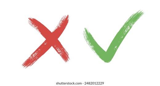 Tick and Cross sign elements. vector buttons for vote, election choice, check marks, approval signs design. Red X and green OK symbol icons check boxes. Check list marks, choice options, survey signs.