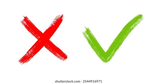 Tick and Cross sign elements. vector buttons for vote, election choice, check marks, approval signs design. Red X and green OK symbol icons check boxes. Check list marks, choice options, survey signs.