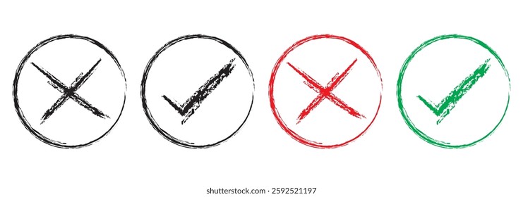 tick and Cross sign elements. vector buttons for vote, election choice, check marks, approval signs design. Red X and green OK symbol icons check boxes. Check list marks, choice options, survey signs.