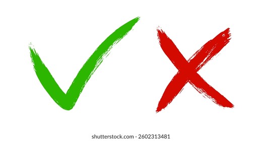 Tick and Cross sign elements. Vector check marks, approval signs design. Red X and green OK icons. Check list marks, choice options, survey signs.