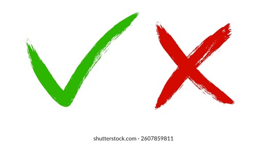 Tick and Cross sign elements. Vector check marks, approval signs design. Red X and green OK icons. Check list marks, choice options, survey signs.