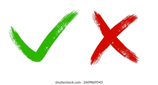 Tick and Cross sign elements. Vector check marks, approval signs design. Red X and green OK icons. Check list marks, choice options, survey signs.