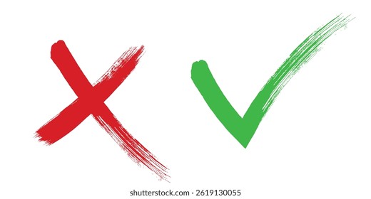Tick and Cross sign elements. Vector check marks, approval signs design. Red X and green OK icons. Check list marks, choice options, survey signs.