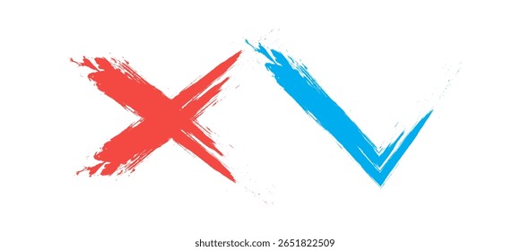 elementos de sinal de tique e cruz. botões vetoriais para voto, escolha de eleição, marcas de verificação, design de sinais de aprovação. Caixas de seleção dos ícones de símbolo vermelho X e verde OK. Marcas de lista de verificação, opções de escolha