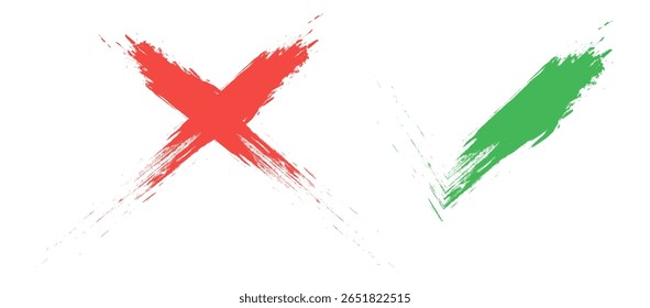 elementos de sinal de tique e cruz. botões vetoriais para voto, escolha de eleição, marcas de verificação, design de sinais de aprovação. Caixas de seleção dos ícones de símbolo vermelho X e verde OK. Marcas de lista de verificação, opções de escolha