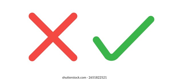 elementos de sinal de tique e cruz. botões vetoriais para voto, escolha de eleição, marcas de verificação, design de sinais de aprovação. Caixas de seleção dos ícones de símbolo vermelho X e verde OK. Marcas de lista de verificação, opções de escolha