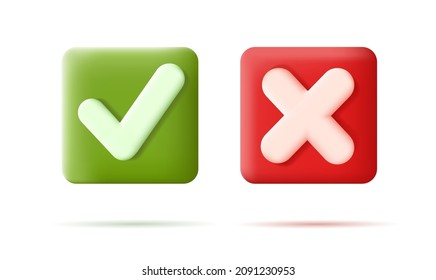 Tick and Cross Sign icons on 3d volume square buttons of green and red colors