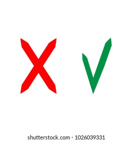 Tick and cross sign isolated on white background. Green tick and red cross sign. Tick and cross symbol . White sticker vector illustration. Flat vector image. Vector illustration.