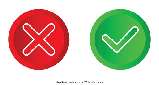 Tick, Cross sign symbol. Right or wrong, Tick, close symbol. No, Approved disapproved, Accepted-Rejected, Right-Wrong, Correct-False, Green-Red, Ok-Not. Vector illustration. 