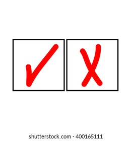 Tick and cross sign in white square isolated on white background. 
