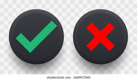  Tick und Kreuzung der Schilder 3d, schwarz auf transparentem Hintergrund. Vektorillustration