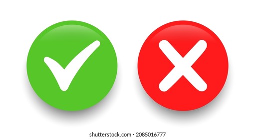 Tick and cross signs 3d green and red colors on a white background. Vector illustration.