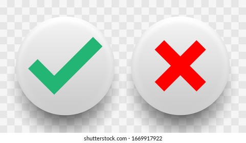 Tick and cross signs 3d white style on a transparent background. Vector illustration