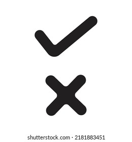 Tick and cross signs. Black checkmark and X icons, isolated on white background