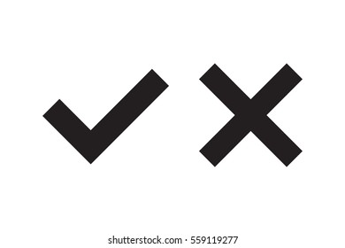 Tick and cross signs. Black checkmark OK and X icons, isolated on white background. Simple marks graphic design. Symbols YES and NO button for vote, decision, web. Vector illustration