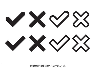 Tick and cross signs. Black checkmark OK and X icons, isolated on white background. Simple marks graphic design. Circle symbols YES and NO button for vote, decision, web. Vector illustration