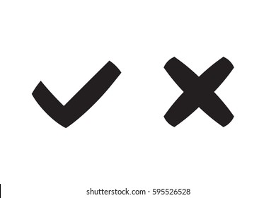 Tick and cross signs. Black checkmark OK and X icons, isolated on white background. Simple marks graphic design. Circle symbols YES and NO button for vote, decision, web. Vector illustration