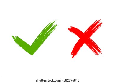 Tick and cross signs. Brush green checkmark OK and red X icons, isolated on white background. Marks graphic design. Symbols YES and NO button for vote, decision, web. Vector illustration