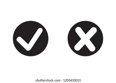Tick and cross signs. Check mark OK and X icons, isolated on white background. Simple marks graphic design. Circle shape symbols YES and NO button for vote, decision, web. Vector illustration