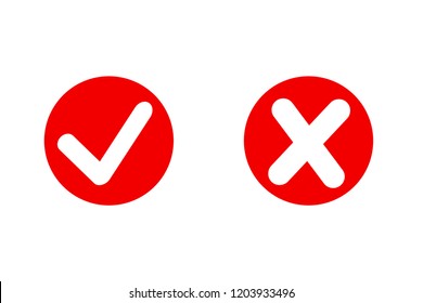 Tick and cross signs. Check mark OK and X icons, isolated on white background. Simple marks graphic design. Circle shape symbols YES and NO button for vote, decision, web. Vector illustration