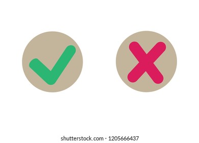 Tick and cross signs. Check mark OK and X icons, isolated on white background. Simple marks graphic design. Circle shape symbols YES and NO button for vote, decision, web. Vector illustration