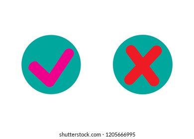 Tick and cross signs. Check mark OK and X icons, isolated on white background. Simple marks graphic design. Circle shape symbols YES and NO button for vote, decision, web. Vector illustration