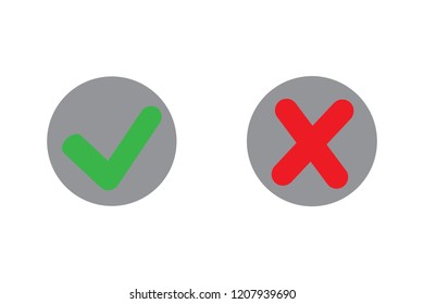 Tick and cross signs. Check mark OK and X icons, isolated on white background. Simple marks graphic design. Circle shape symbols YES and NO button for vote, decision, web. Vector illustration