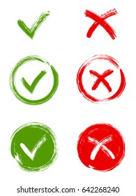 Tick and cross signs, check marks graphic design. Brush green symbolic OK checkmark, red X icon, isolated on white. YES and NO accept and decline symbol vector buttons for vote, decision making, web.