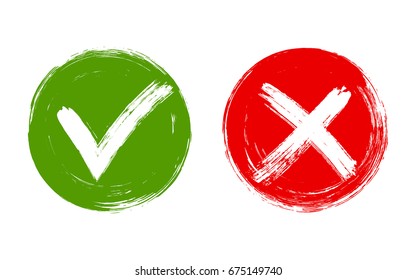 Tick and cross signs, check marks graphic design. Green brush symbolic OK and red X painted approval icons. YES and NO acceptance and rejection symbol vector buttons for vote, election choice. 