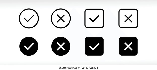 Tick, cross signs. checkmark OK red X, marks Circle symbols YES NO button for vote, Check box list. Check marks line icons set, editable stroke isolated on white, linear and flat design