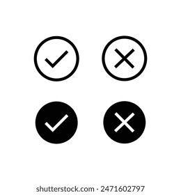 Tick, cross signs. checkmark OK red X, marks Circle symbols YES NO button for vote, Check box list. Check marks line icons set, editable stroke isolated on white, linear and flat design