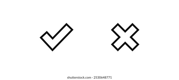 Tick, cross signs. checkmark OK red X, marks Circle symbols YES NO button for vote, Check box list. Check marks line icons set, editable stroke isolated on white, linear and flat design