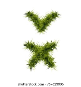 Tick and cross signs. Checkmark OK and X icons from fir branches, isolated on white background. symbols YES and NO for vote, decision, web. Vector illustration, eps 10.
