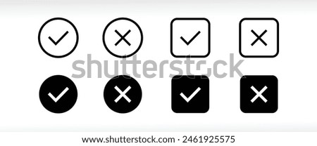 Tick, cross signs. checkmark OK red X, marks Circle symbols YES NO button for vote, Check box list. Check marks line icons set, editable stroke isolated on white, linear and flat design