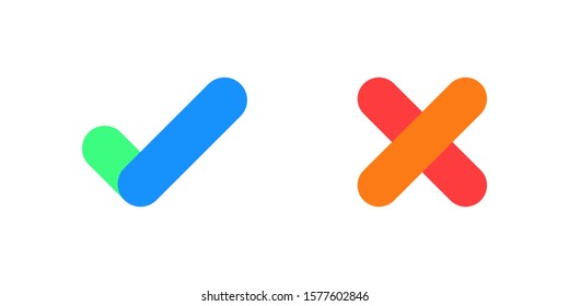 Tick and cross signs, checkmark and x or confirm and deny icon button flat for apps and websites symbol, Isolated sign symbol, Checkmark right symbol tick sign, Test question, checkbox button  choose