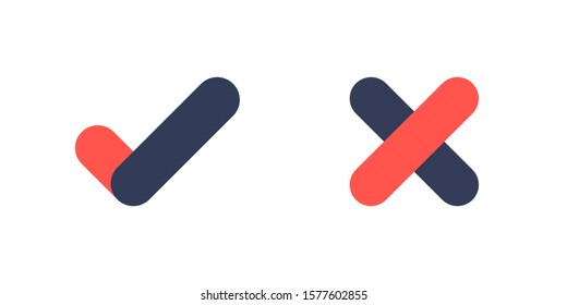 Tick and cross signs, checkmark and x or confirm and deny icon button flat for apps and websites symbol, Isolated sign symbol, Checkmark right symbol tick sign, Test question, checkbox button  choose