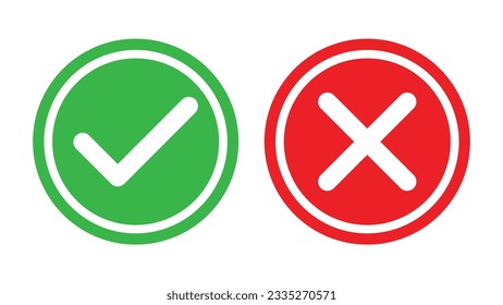 Tick and cross signs. green check mark and red cross icon, isolated on white background.