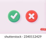 Tick and cross signs. Green checkmark OK and red X icons. 3D Web Vector Illustrations.