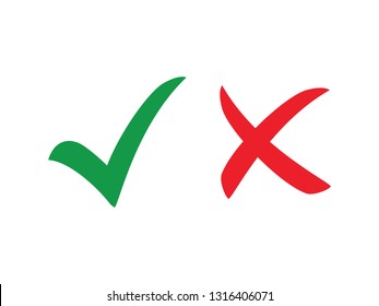 Tick and cross signs. Green checkmark OK and red X icons, Simple marks graphic design. Symbols YES and NO button for vote, Check box list icons. Check marks vector