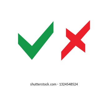 Tick and cross signs. Green checkmark OK and red X icons, Simple marks graphic design. Symbols YES and NO button for vote, Check box list icons. Check marks vector