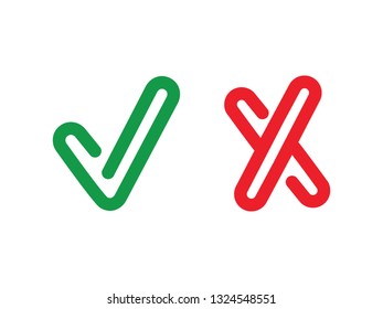 Tick and cross signs. Green checkmark OK and red X icons, Simple marks graphic design. Symbols YES and NO button for vote, Check box list icons. Check marks vector