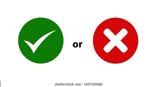 Tick and cross signs. Green checkmark OK and red X icons, isolated on white background. Simple marks graphic design. symbols YES and NO button for vote, decision, approval and disapproval,vector icons