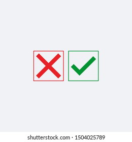 Tick and cross signs. Green checkmark OK and red X icons, isolated on white background. Simple marks graphic design.YES and NO button for vote, decision, web. Vector illustration
