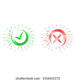 Tick and cross signs. Green checkmark OK and red X icons. Check mark, tick and cross brush signs, green checkmark OK and red X icons, symbols YES and NO button for vote